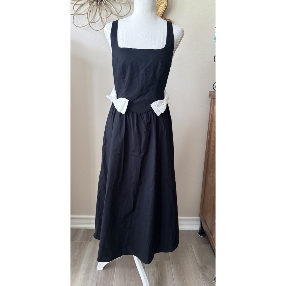 WAYF Black Sleeveless Midi Dress White Bow Detail Square Neck NWT Size M